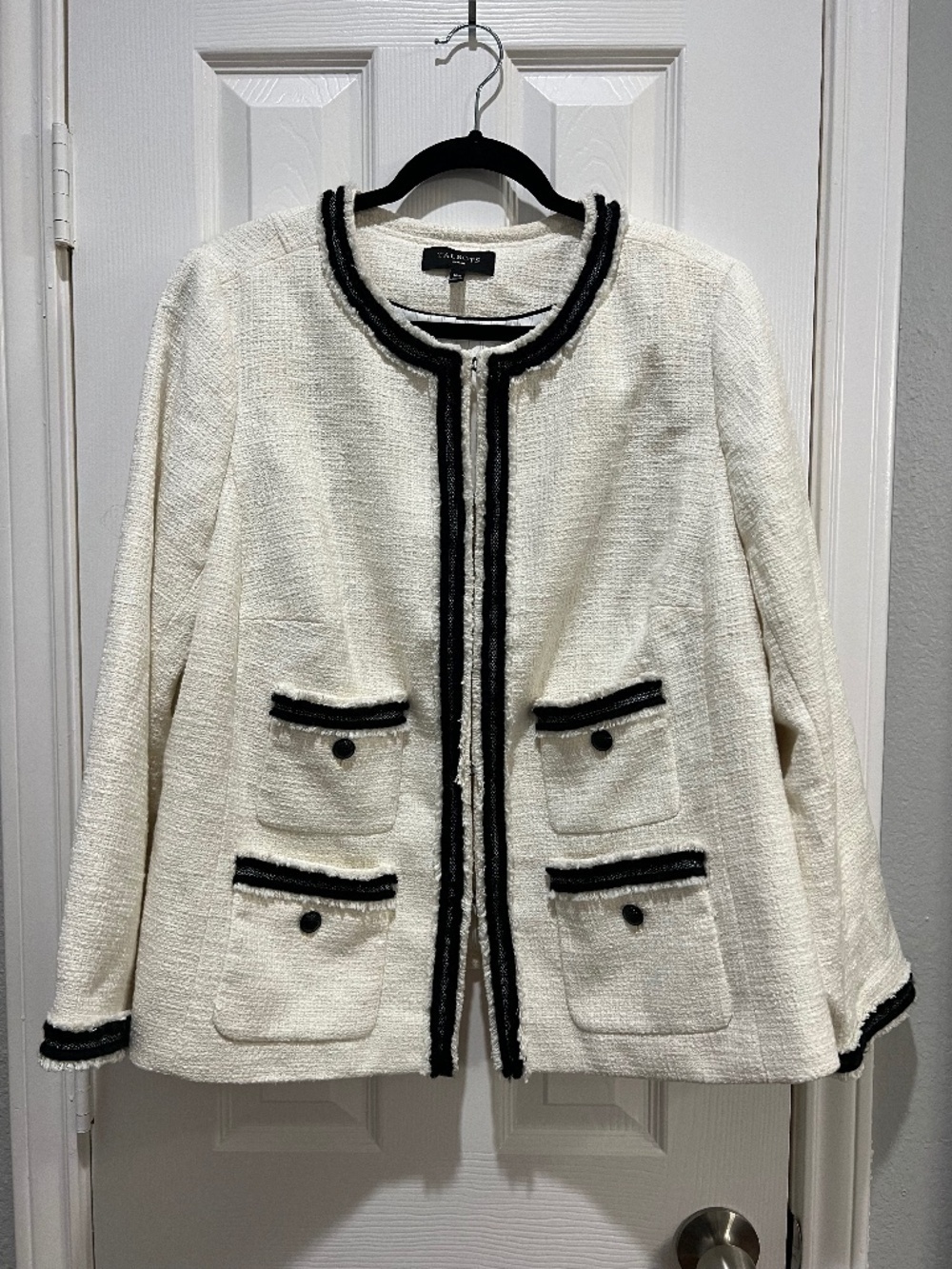 Talbots Provence White Tweed Jacket Black Trim Plus Size 16W